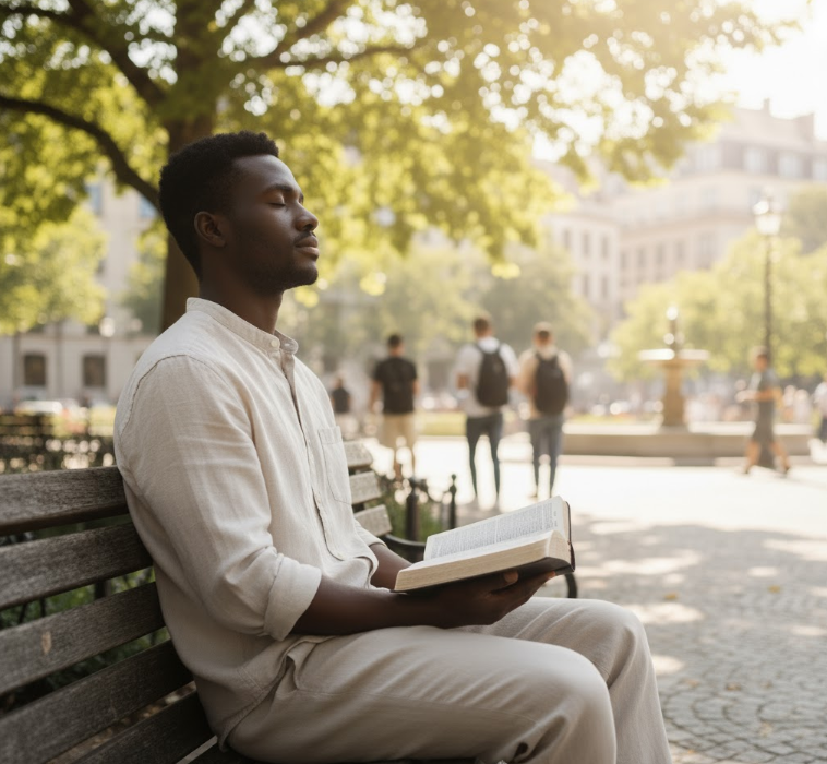 Um jovem sentado em uma praça em momento de reflexão com a Bíblia aberta, representando fé, calma e equilíbrio para lidar com o estresse do dia-a-dia. A luz natural do ambiente simboliza a presença de Deus e o descanso interior.