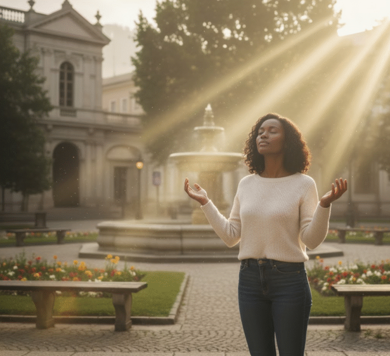 cristão experimentando a unção do Espírito Santo, com luz divina simbolizando libertação e transformação