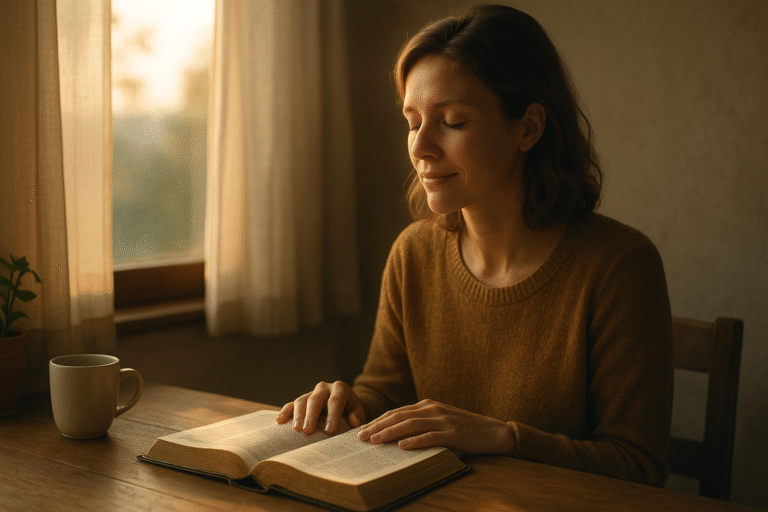 ristão lendo a Bíblia com expressão de paz e esperança, representando renovação da mente e prosperidade em Deus.