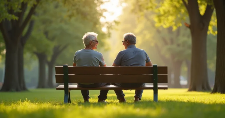 Duas pessoas conversando em um parque com expressão amigável e natural, ao fundo árvores e luz solar suave