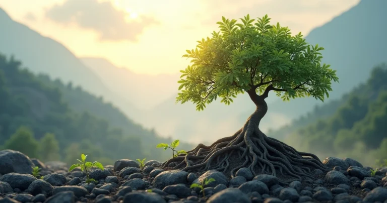 Árvore robusta crescendo em terreno rochoso com luz suave ao amanhecer, simbolizando renovação e esperança na adversidade