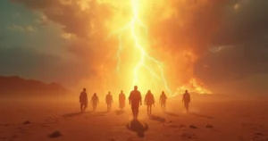 Divina luz brilhando sobre um grupo de pessoas caminhando através de um deserto árido com rios e fogo ao redor, simbolizando proteção e esperança de Deus