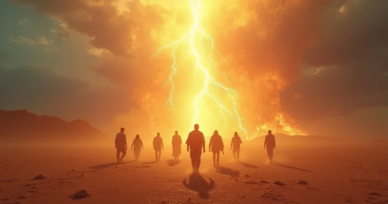 Divina luz brilhando sobre um grupo de pessoas caminhando através de um deserto árido com rios e fogo ao redor, simbolizando proteção e esperança de Deus