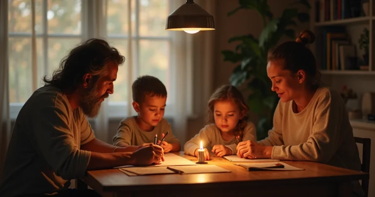 Família reunida ao redor da mesa estudando a Bíblia juntos em ambiente doméstico acolhedor