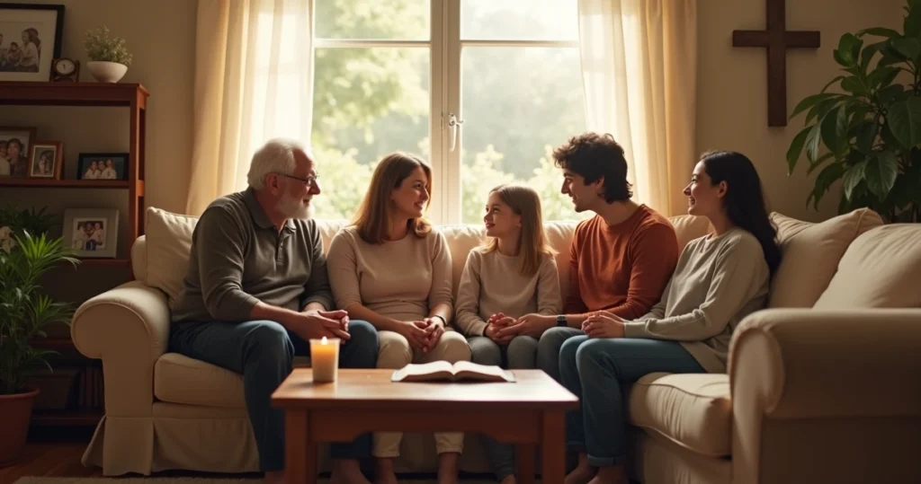 Família reunida conversando em ambiente doméstico para resolver conflito com atitude cristã
