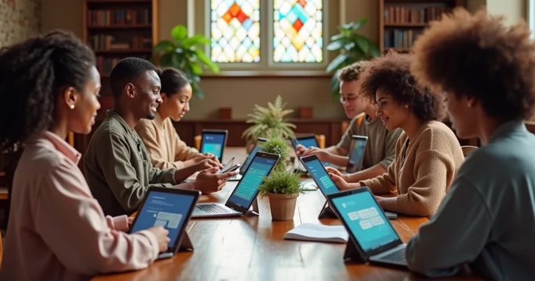 Pessoas usando tablets e computadores para estudo bíblico digital com elementos gráficos no ambiente de igreja
