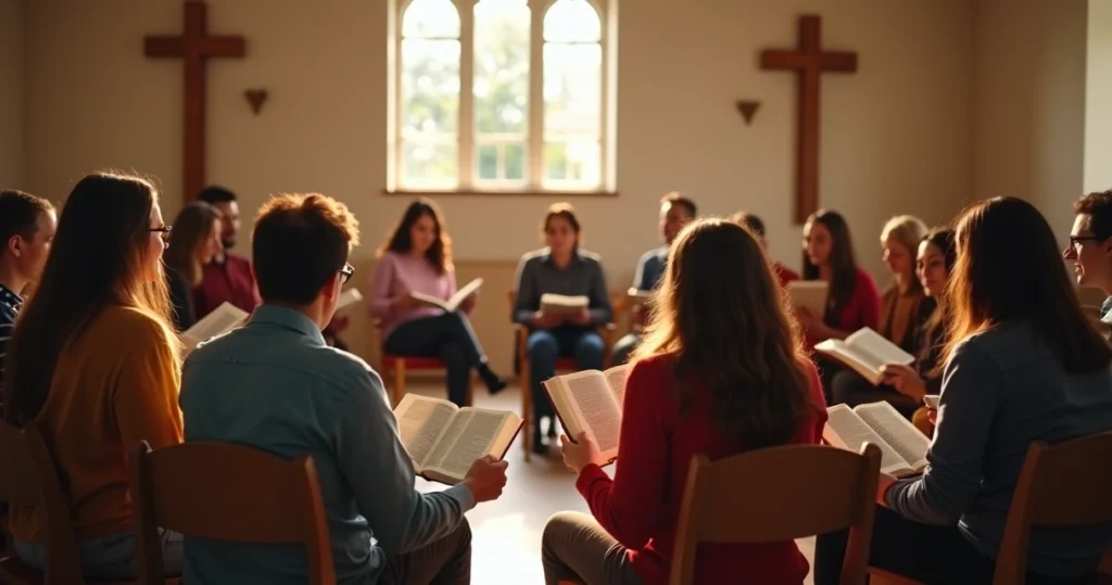 Pessoas reunidas em um pequeno grupo de estudo bíblico dentro de uma igreja, sentadas em círculo, com Bíblias abertas, ambiente acolhedor com iluminação suave e decoração simples