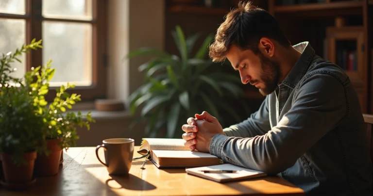 Homem lendo a Bíblia e orando à mesa de madeira com luz natural
