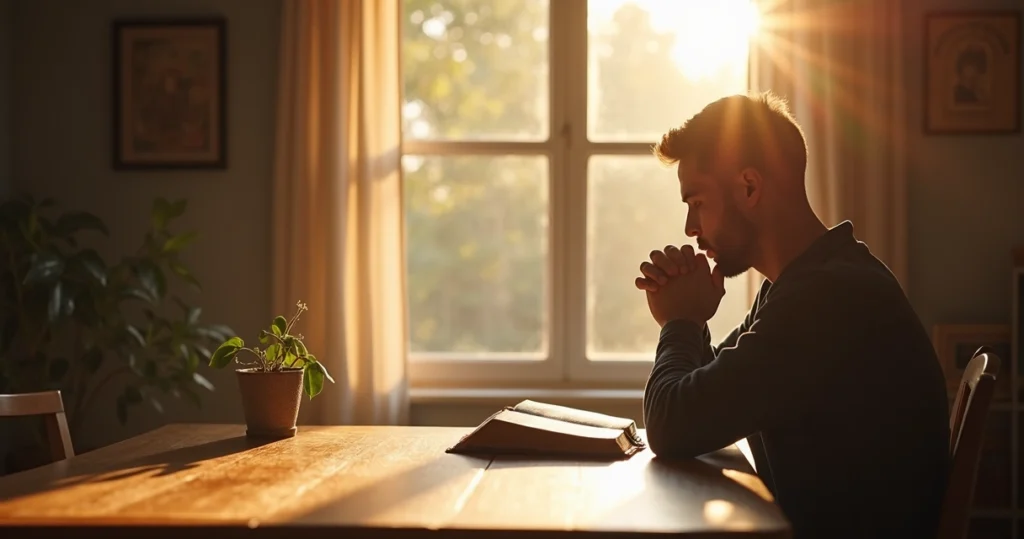 Homem lendo a Bíblia e orando em uma manhã ensolarada, com luz natural e ambiente tranquilo