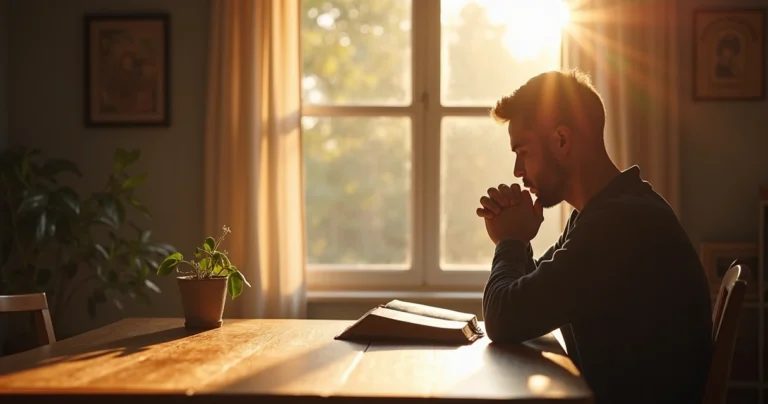 Homem lendo a Bíblia e orando em uma manhã ensolarada, com luz natural e ambiente tranquilo