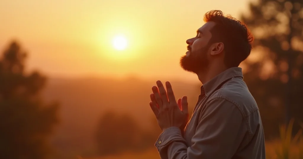 Homem de olhos fechados orando ao ar livre durante o pôr do sol, com mãos erguidas e expressão de fé e serenidade
