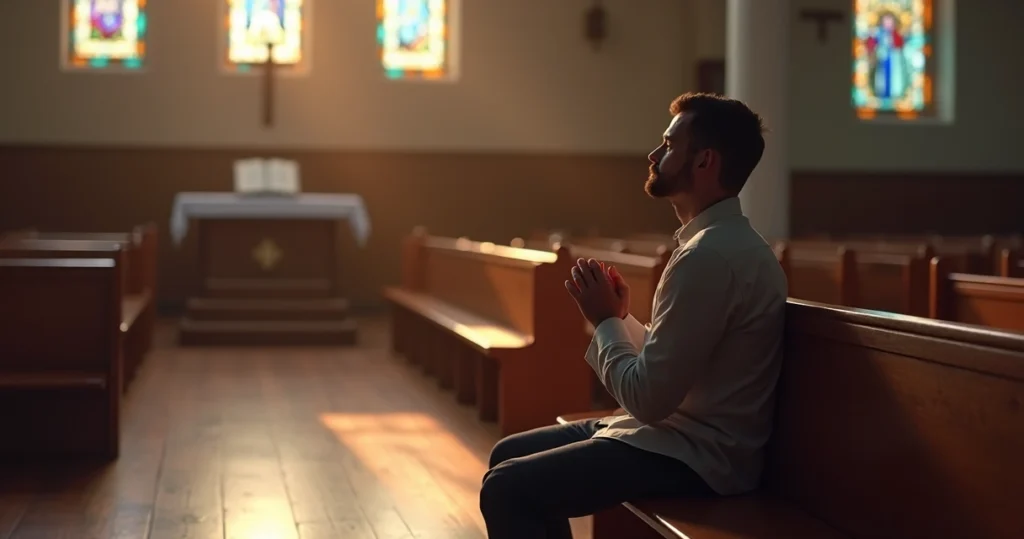 Homem orando em banco de igreja com luz suave entrando pela janela
