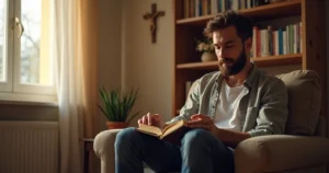 Homem sentado com Bíblia aberta, refletindo em ambiente acolhedor e iluminado