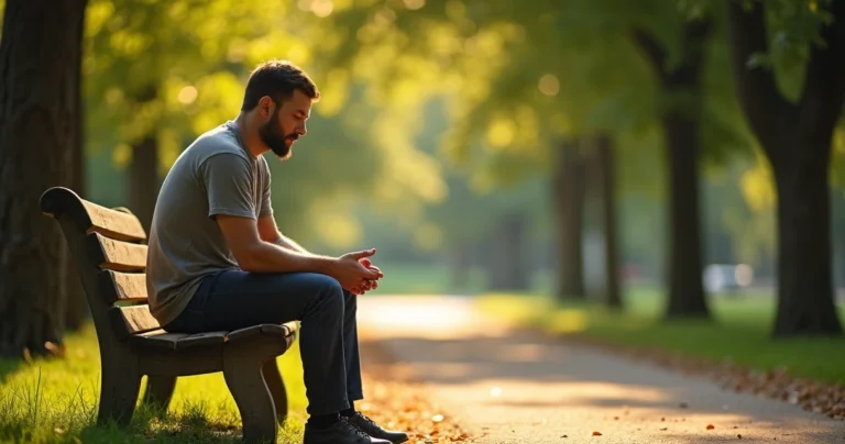 Homem sentado em um banco de parque, olhando pensativo para baixo, representando reflexão e pausa na fé