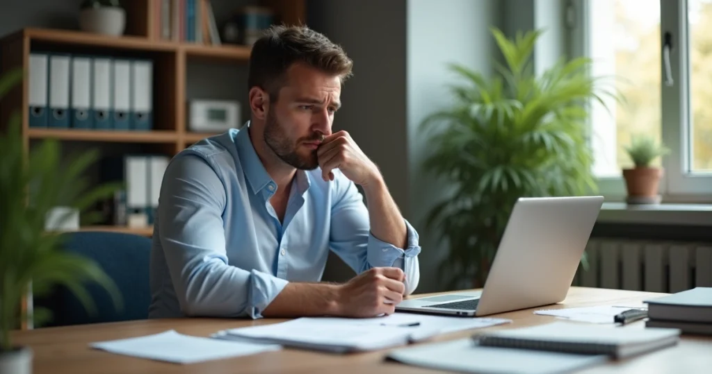 Homem sentado em mesa de escritório com expressão pensativa, rodeado de papéis e laptop, ambiente de trabalho calmo e iluminado