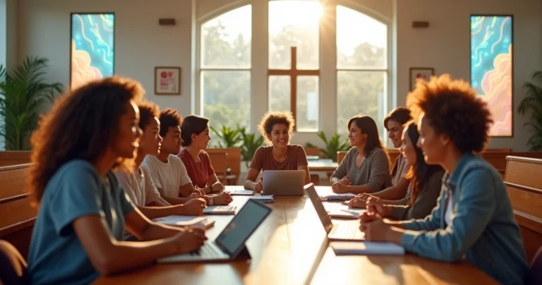 Grupo de jovens reunidos em igreja participando de atividade social e planejando ações voluntárias