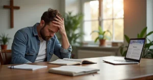 Líder cristão segurando a cabeça com uma mão, em uma sala de reuniões moderna com livros de Bíblia e anotações espalhadas na mesa