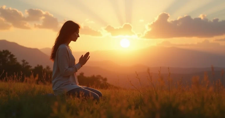 Mulher ajoelhada orando em paisagem tranquila ao pôr do sol