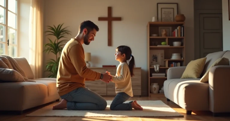 Pai e criança de mãos dadas orando juntos em ambiente aconchegante de casa