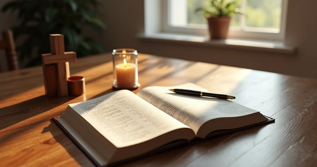 Mesa com Bíblia aberta, caderno de anotações e caneta em ambiente de estudo cristão