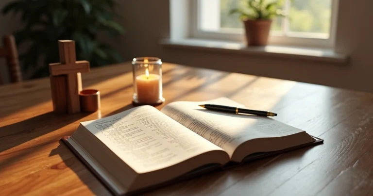 Mesa com Bíblia aberta, caderno de anotações e caneta em ambiente de estudo cristão